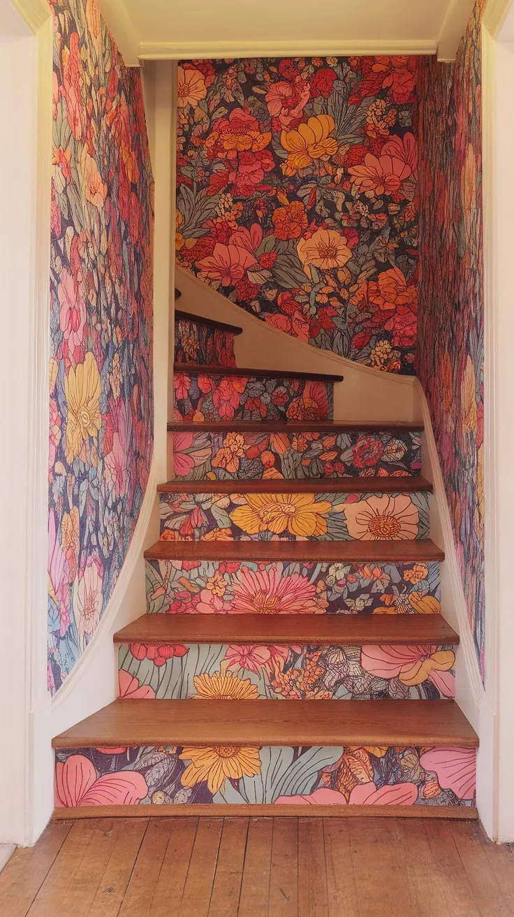 This colorful wallpaper is more than just home decor; it's a work of art.  The floral staircase, completely covered in this eye-catching wallpaper for stairs, elevates the entryway with its vibrant hues and intricate floral design.  Transform your hallway with this stunning staircase wallpaper, a perfect choice for stair risers and the ultimate entryway wallpaper.