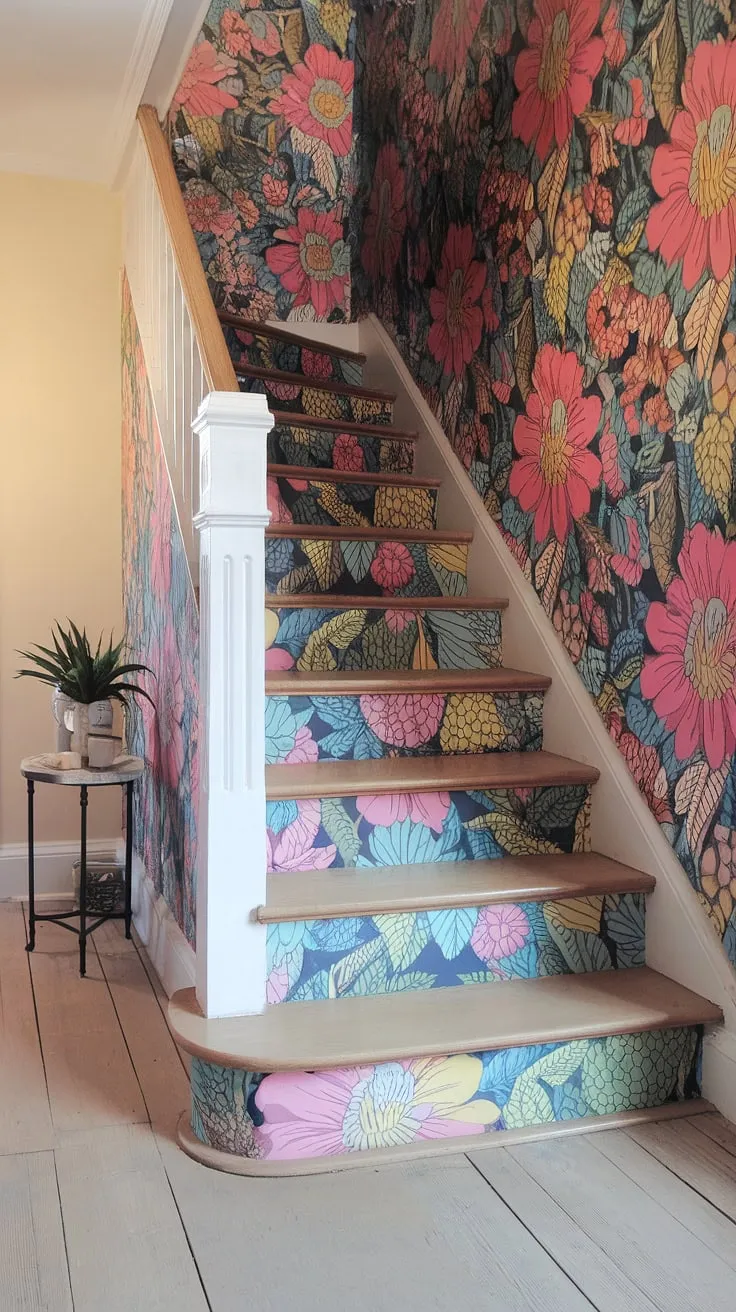 Step into a world of blooming beauty with this enchanting floral staircase. The hallway wallpaper, a riot of pink, blue, yellow, and green, is a masterpiece of colorful wallpaper.  This home decor wallpaper, meticulously applied to the stair risers, elevates the entire space, making it the perfect showcase of staircase wallpaper.