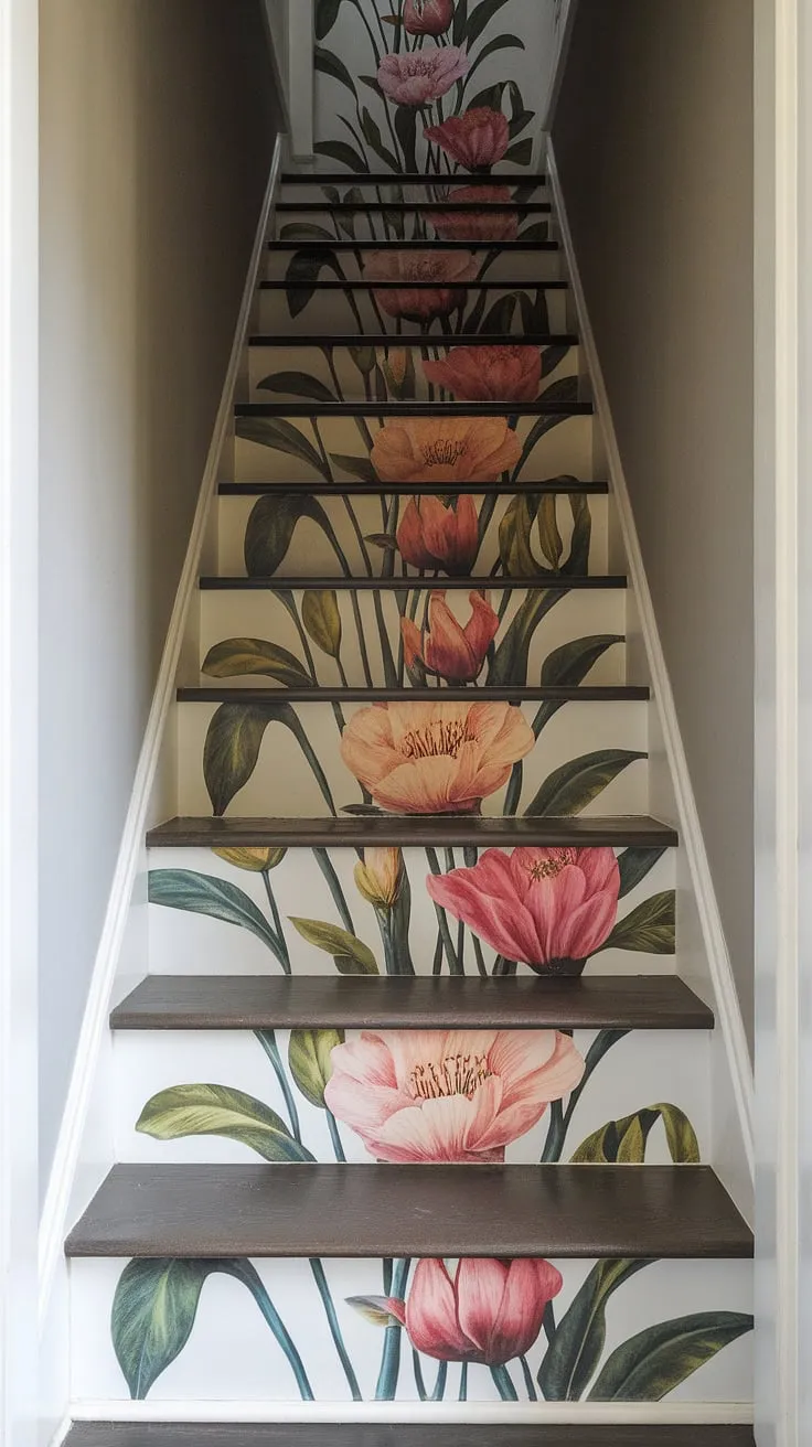 This hallway wallpaper, a vibrant explosion of color and floral detail, completely reimagines this entryway.  The colorful wallpaper adorns each stair riser, creating a truly unique floral staircase.  As home decor wallpaper, it's a statement piece, showcasing the beauty of this wallpaper for stairs and its perfect application as entryway wallpaper.  A perfect example of how staircase wallpaper can transform a space.