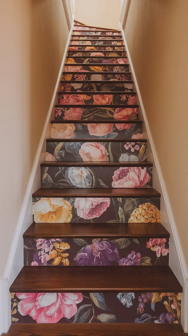 Step into a world of blooming beauty with this floral staircase, a stunning example of how hallway wallpaper can transform your home. The colorful wallpaper on the stair risers, perfect as entryway wallpaper or staircase wallpaper, adds a touch of whimsy and elegance. This home decor wallpaper, ideal as wallpaper for stairs or wallpaper for entry stairs, creates a captivating focal point.