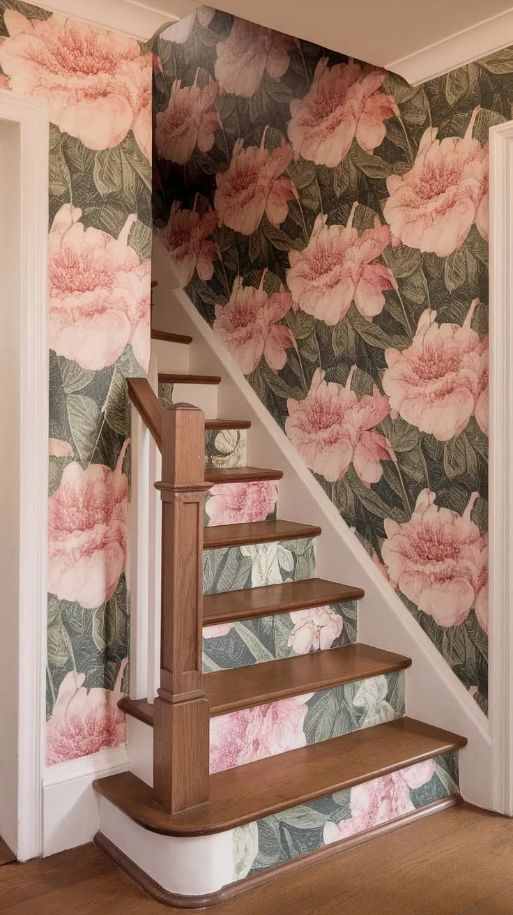 Step into a world of blooming beauty with this floral staircase, where hallway wallpaper transforms a simple entryway into a vibrant masterpiece.  The colorful wallpaper, a stunning home decor wallpaper choice, adorns both the stair risers and walls, creating a breathtaking showcase of pink and white flowers. This wallpaper for stairs, and indeed, the perfect wallpaper for entry stairs, elevates the entire space.