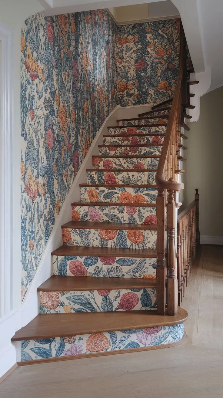 A captivating hallway wallpaper featuring a vibrant floral design brings new life to this staircase.  The colorful wallpaper adorns the stair risers and wall, creating a truly unique home decor wallpaper statement.  This staircase wallpaper, perfect as wallpaper for stairs, instantly transforms this entryway into a welcoming and artistic space.