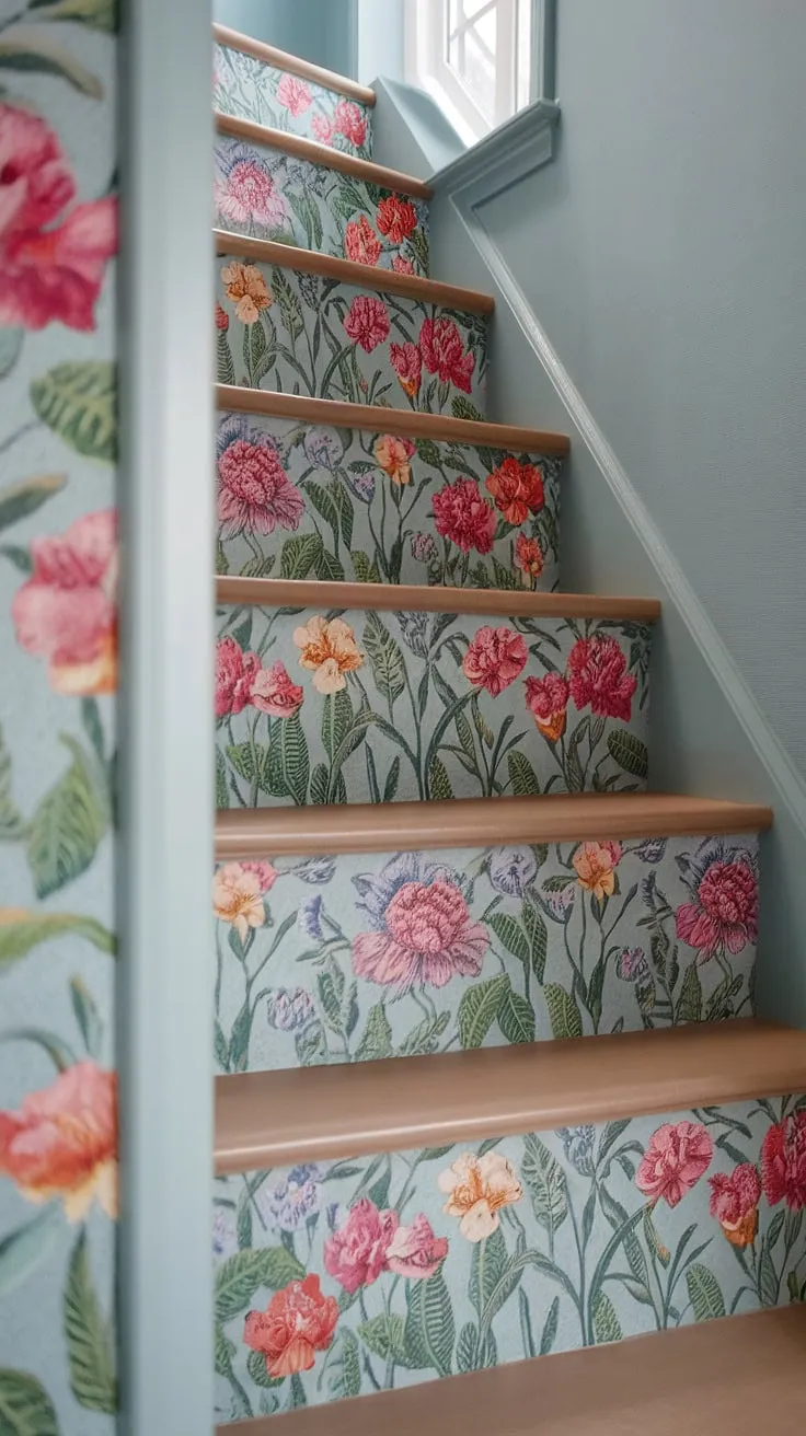 Step into springtime with this colorful wallpaper adorning your stair risers. This hallway wallpaper, a beautiful blend of pink and red flowers against a soft blue backdrop, is the perfect wallpaper for entry stairs.  The textured, 3D effect of this home decor wallpaper elevates the look of your floral staircase, making it a true statement piece.  A perfect choice for wallpaper for stairs.