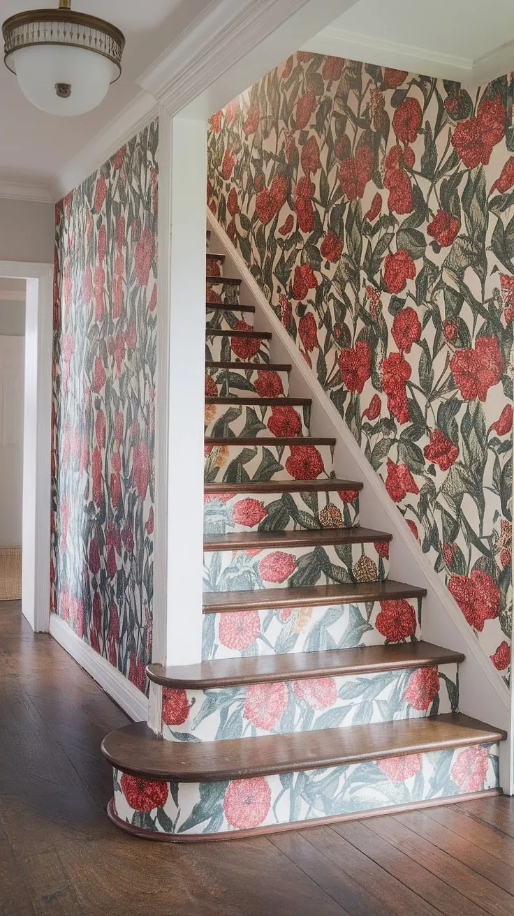 Step into a world of blooming beauty with this stunning floral staircase.  The vibrant hallway wallpaper, a masterpiece of home decor wallpaper, transforms the stair risers into a breathtaking work of art. This entryway wallpaper, and indeed the entire staircase wallpaper, is the perfect example of how wallpaper for stairs, or even wallpaper for entry stairs, can elevate your home's style.