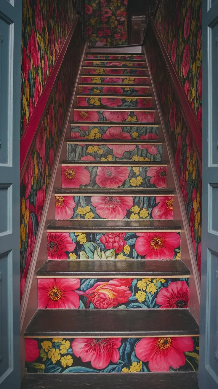 Step into a world of vibrant blooms with this stunning floral staircase. The colorful wallpaper, a masterpiece of home decor wallpaper, transforms the stair risers and hallway into a breathtaking entryway. This wallpaper for stairs, and indeed the perfect wallpaper for entry stairs, adds a touch of vintage charm and personality.
