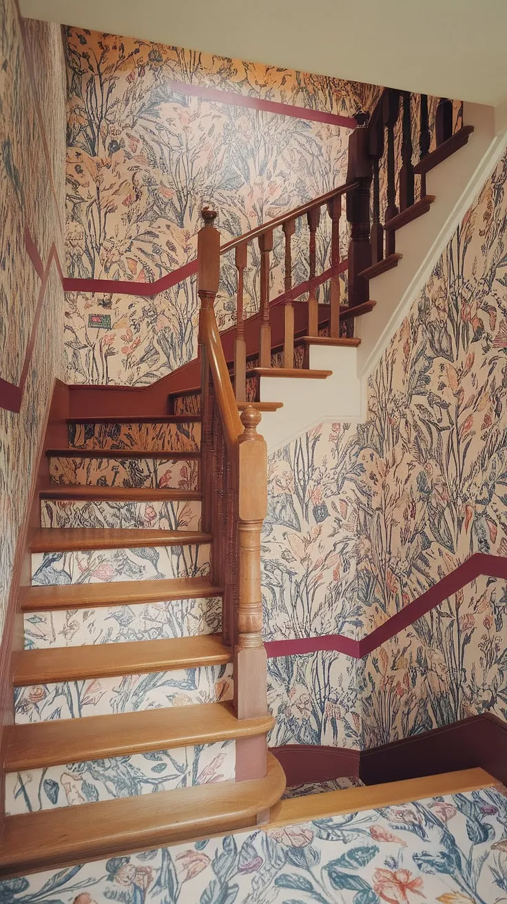 This colorful wallpaper is more than just home decor; it's a statement.  The floral staircase, completely covered in this captivating entryway wallpaper, elevates the hallway to a breathtaking space.  The wallpaper for stairs, meticulously applied to the stair risers and surrounding walls, makes this staircase wallpaper a showstopper.  A perfect example of how hallway wallpaper can transform your home.