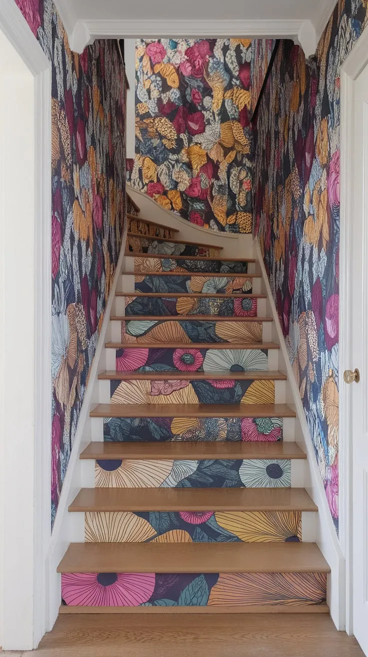 This colorful wallpaper, adorning the walls and stair risers of this entryway, creates a truly unforgettable floral staircase.  The home decor wallpaper is a showstopper, transforming a simple hallway into a vibrant and welcoming space.  Consider this staircase wallpaper, or wallpaper for stairs, the perfect way to elevate your home's entryway.  The bold floral patterns make this entryway wallpaper a design dream come true.