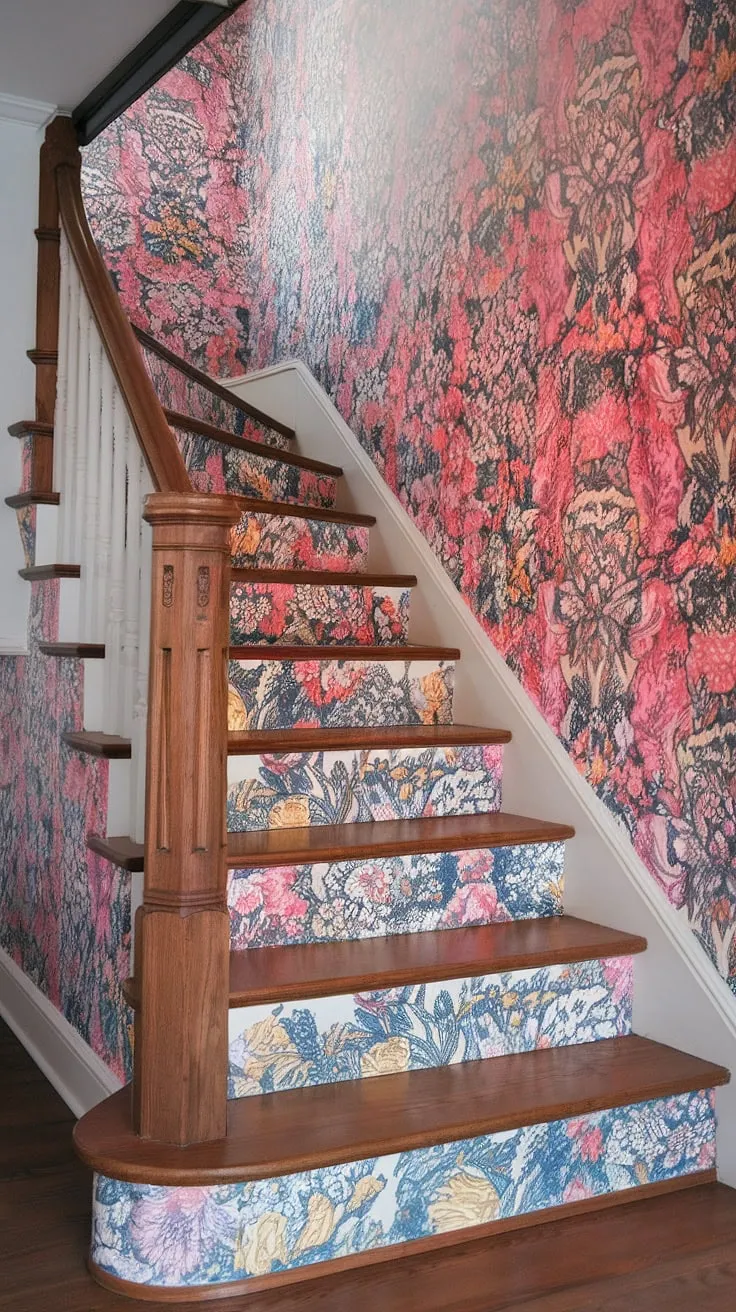 Step into a world of blooming beauty with this floral staircase, a masterpiece of home decor wallpaper. The colorful wallpaper, adorning both walls and stair risers, transforms this hallway into a vibrant entryway, showcasing the perfect use of wallpaper for stairs and entryway wallpaper.  This staircase wallpaper is a stunning example of how wallpaper for entry stairs can elevate your home's style.