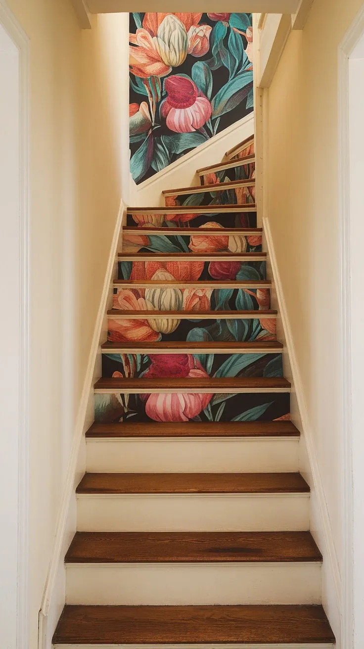 Step into a world of blooming beauty with this vibrant floral staircase wallpaper. The colorful wallpaper transforms this hallway into a captivating entryway, showcasing stunning home decor wallpaper that elevates the stair risers and creates a truly unique wallpaper for stairs.  This wallpaper for entry stairs is the perfect blend of artistry and practicality.