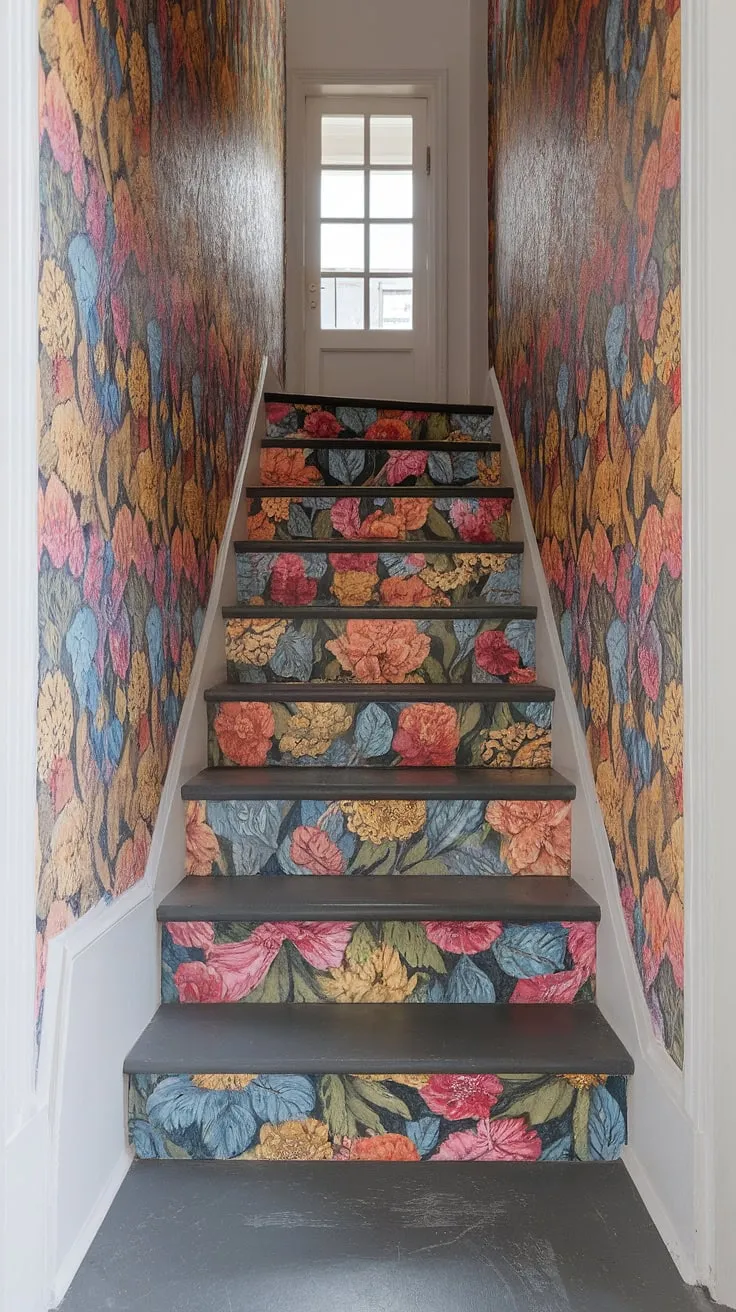 Step into a world of color with this captivating staircase wallpaper. The colorful wallpaper, featuring a delightful floral pattern, is a show-stopping example of home decor wallpaper.  This entryway wallpaper, applied to the stair risers and hallway walls, makes a bold statement.  Consider this stunning floral staircase the perfect use of wallpaper for stairs.