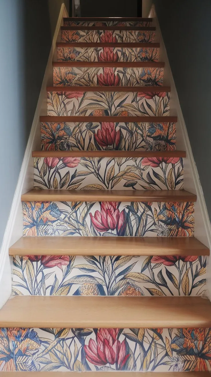 This colorful wallpaper brings a burst of life to this hallway, showcasing a captivating floral staircase design.  The home decor wallpaper elegantly covers the stair risers, creating a stunning entryway wallpaper and a truly unique staircase wallpaper.  A perfect choice of wallpaper for stairs or wallpaper for entry stairs, transforming a simple space into a work of art.
