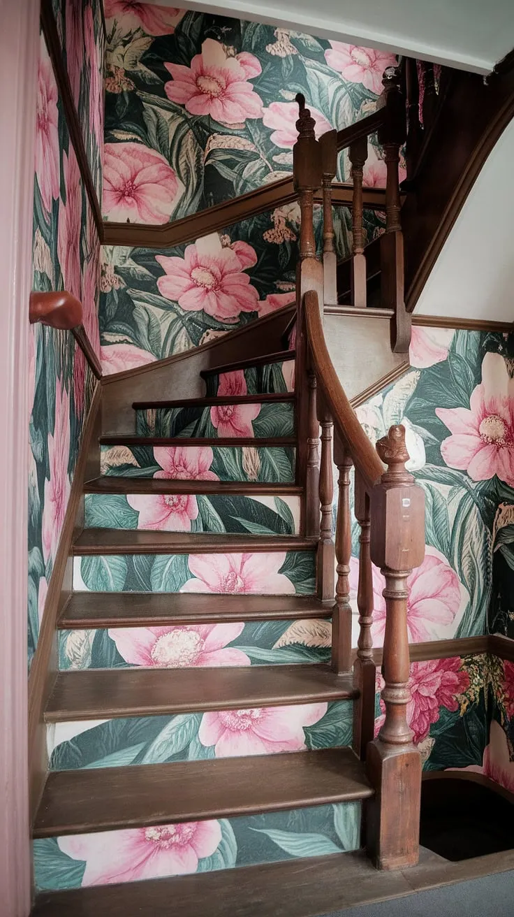 This hallway wallpaper is a dream!  The vibrant pink and white flowers of the colorful wallpaper climb the floral staircase, making this staircase wallpaper a true statement piece.  A perfect example of how home decor wallpaper can elevate stair risers and transform any entryway.