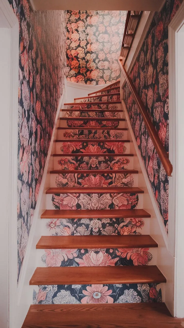 This home decor wallpaper is more than just wall covering; it's a captivating journey up a floral staircase.  The colorful wallpaper adorning the stair risers and hallway walls creates a stunning visual effect, transforming the entryway into a vibrant and welcoming space.  Consider this a masterclass in staircase wallpaper and wallpaper for stairs, showcasing how entryway wallpaper can dramatically enhance your home's charm.  The perfect choice for wallpaper for entry stairs, this design is a testament to the power of thoughtful home decor.