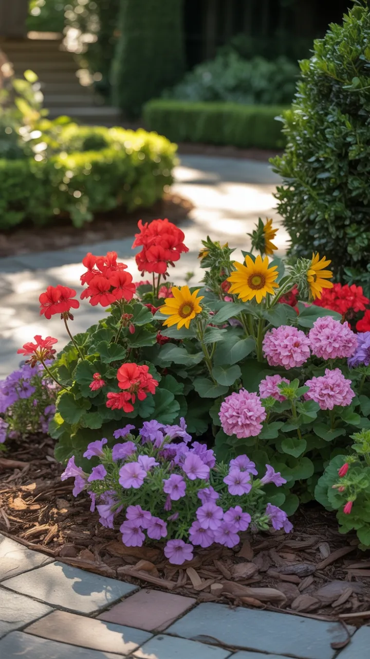Sunlit Meander Through a Tapestry of Geraniums Sunflowers and Petunias