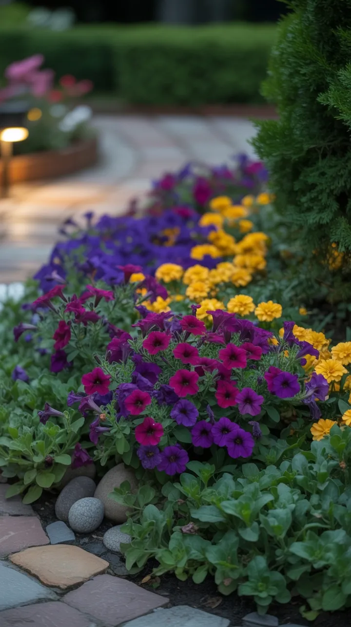 Golden-Glow Garden Path Lined with Cascading Petunias and Marigolds