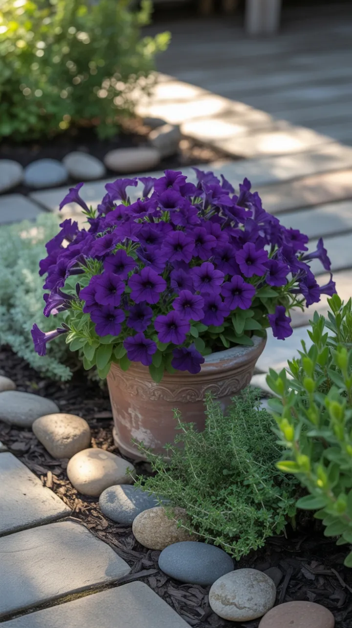 Velvet Petunias in a Sunlit Terracotta Oasis
