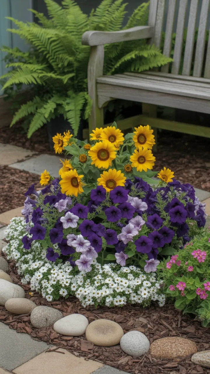 Sunlit Harmony of Purple Petunias and Golden Sunflowers