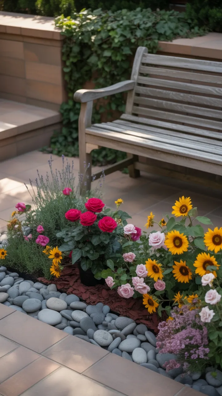 Sunlit Garden Sanctuary with Roses, Sunflowers, and Lavender