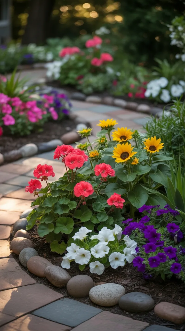 Sunlit Path Through a Symphony of Red Geraniums and Golden Sunflowers