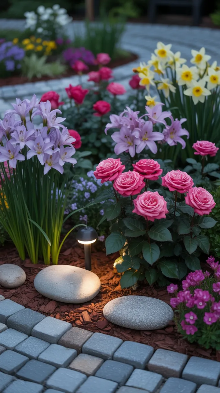 Cobblestone Bloomscape – Crimson Roses, Lavender Lilies and Golden Daffodils