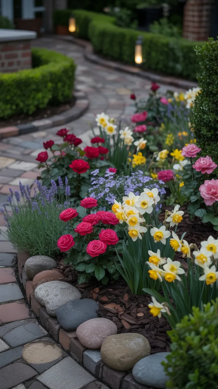 Late-Afternoon Garden Pathway of Crimson Roses, Golden Daffodils and Lavender