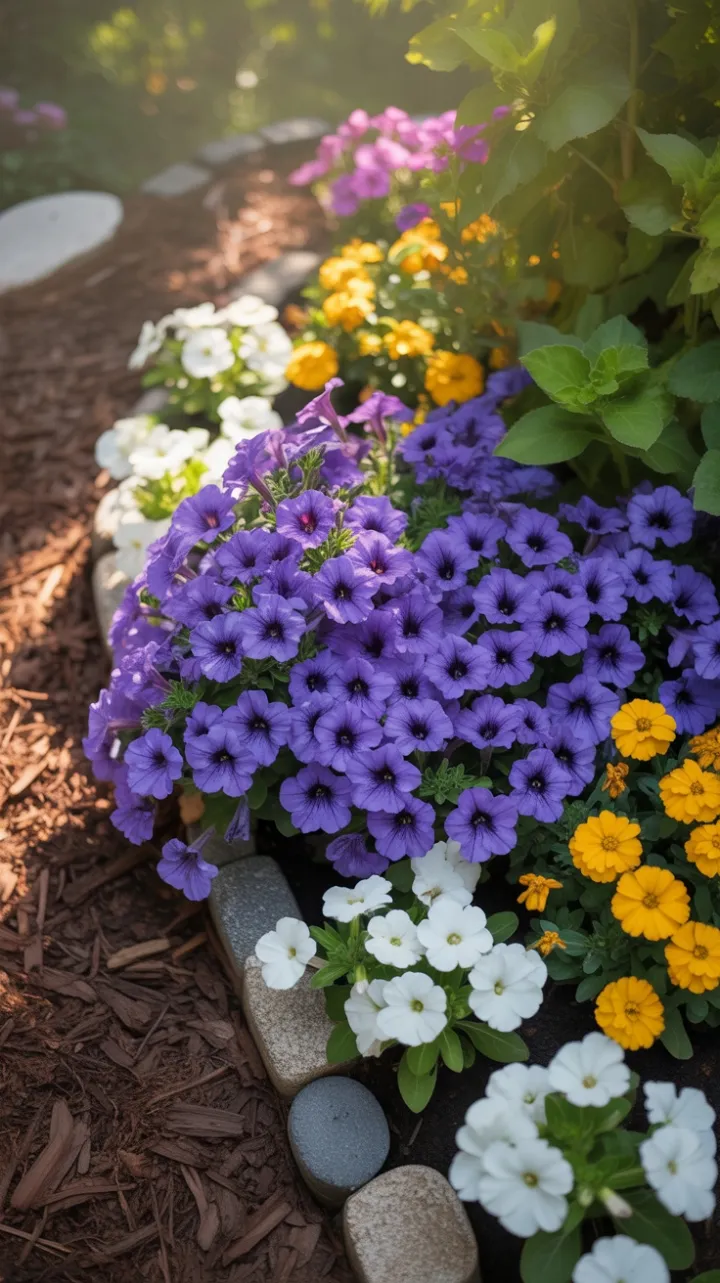 Sunlit Symphony of Purple Petunias and Golden Marigolds