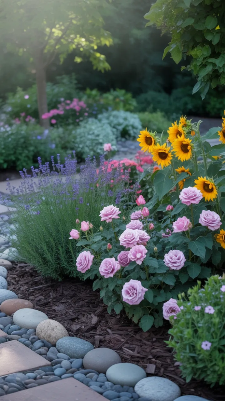 Sunlit Symphony of Lavender, Roses and Sunflowers