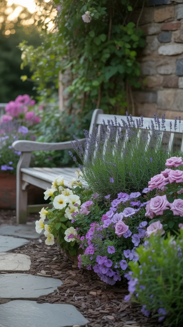 Sunlit Cottage Garden Retreat with Lavender, Roses and Petunias