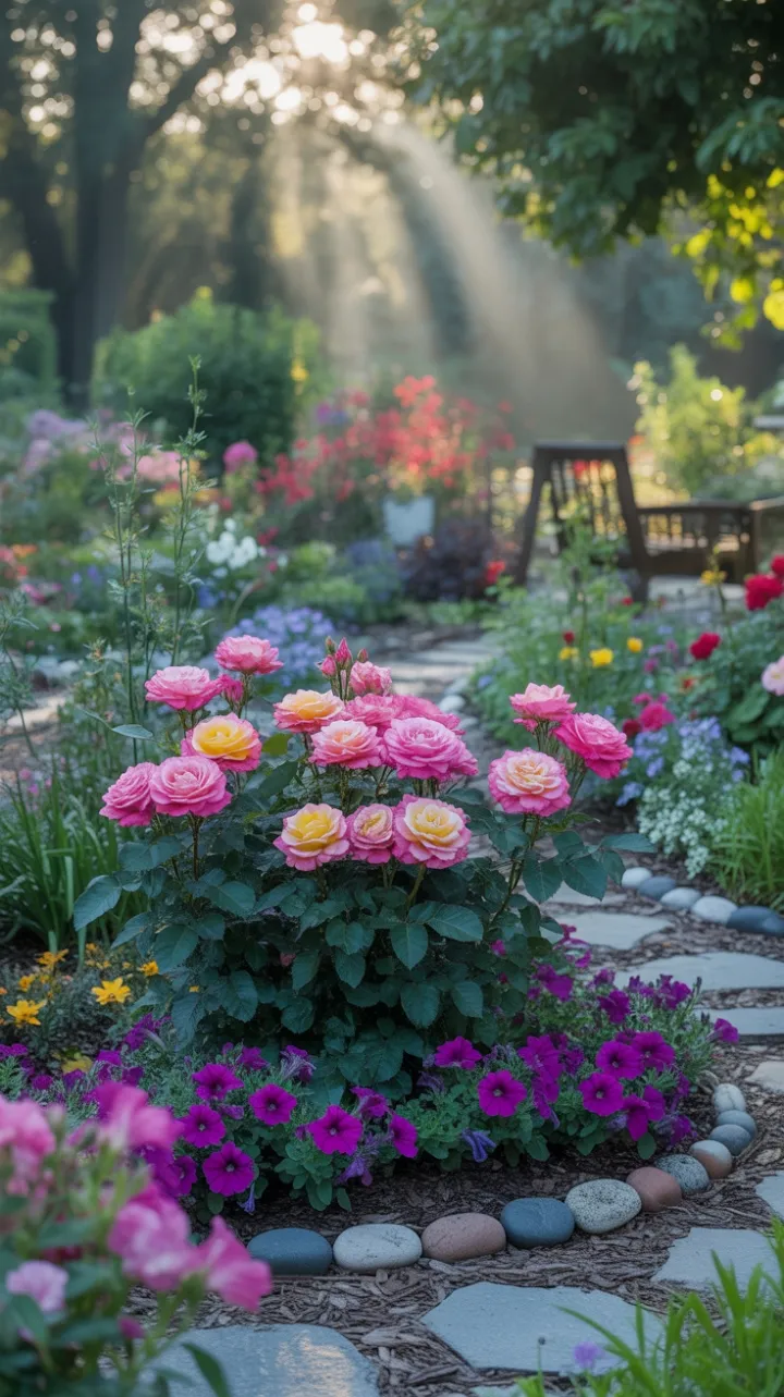 Sunlit Path to a Bench Through Roses and Purple Petunias