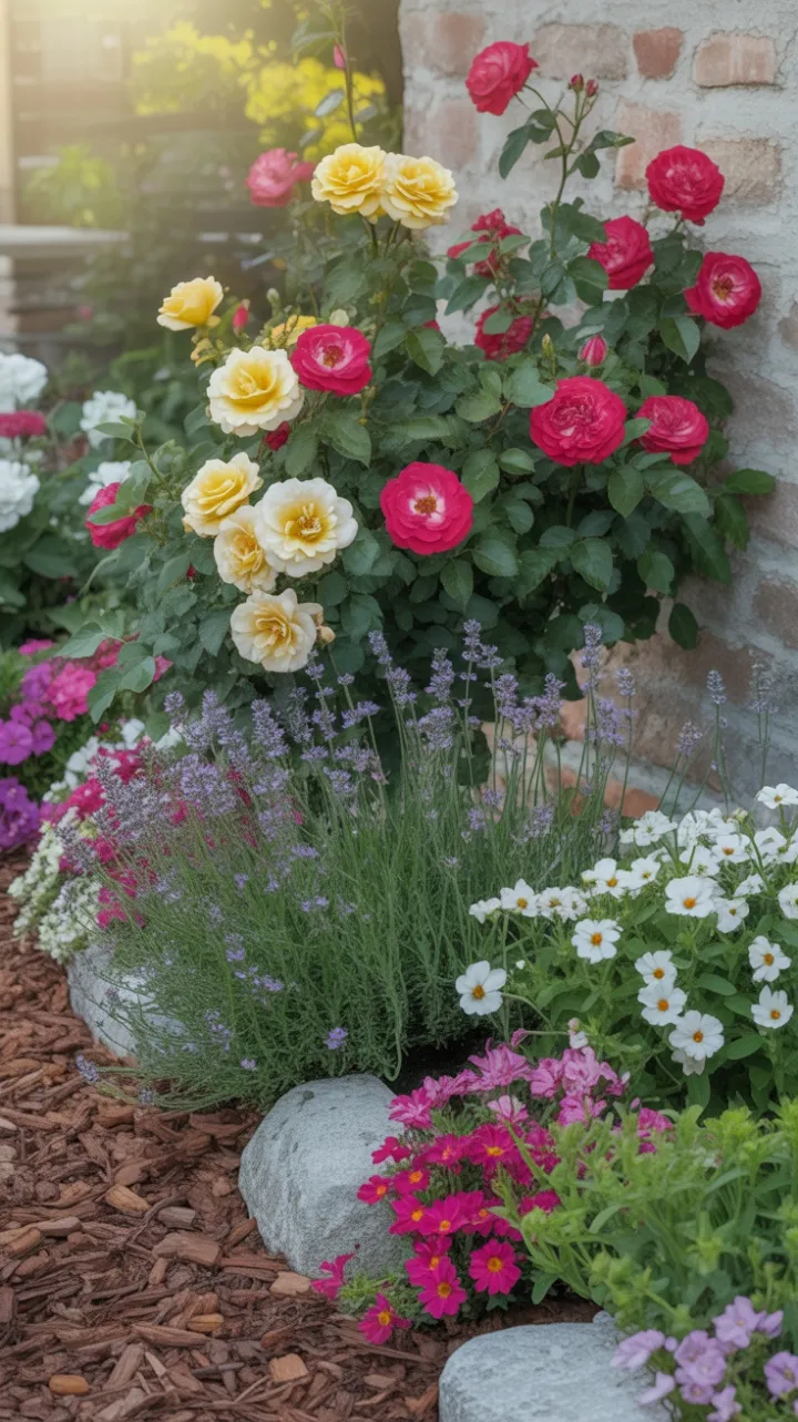 Sunlit Cascade of Roses and Lavender Over a Weathered Stone Wall