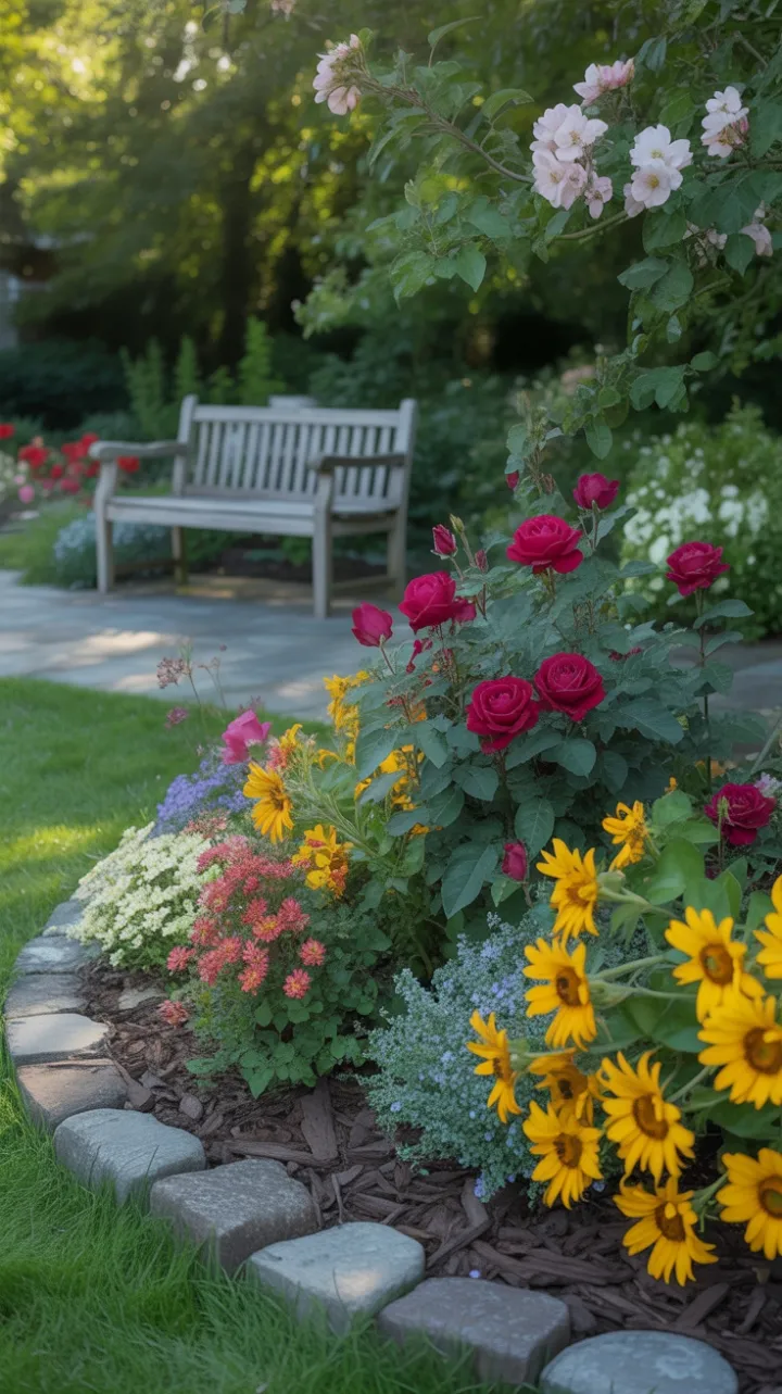 Sunlit Garden of Crimson Roses and Golden Sunflowers
