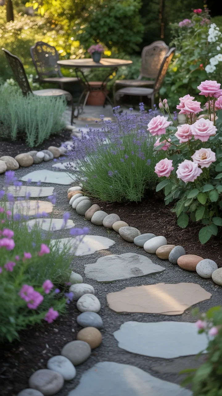 Meandering Stone Path to a Lavender and Rose Sanctuary
