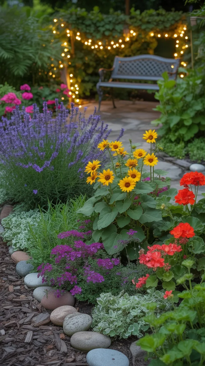 Sunlit Garden Tapestry of Lavender Sunflowers and Geraniums