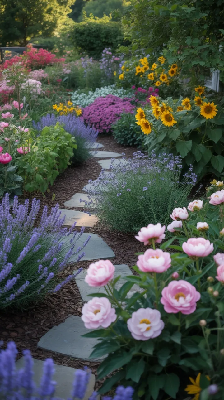 Sunlit Path Through a Tapestry of Lavender, Sunflowers and Peonies