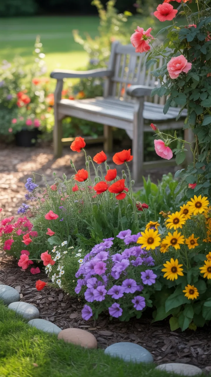 Sunlit Riot of Poppies Sunflowers and Petunias