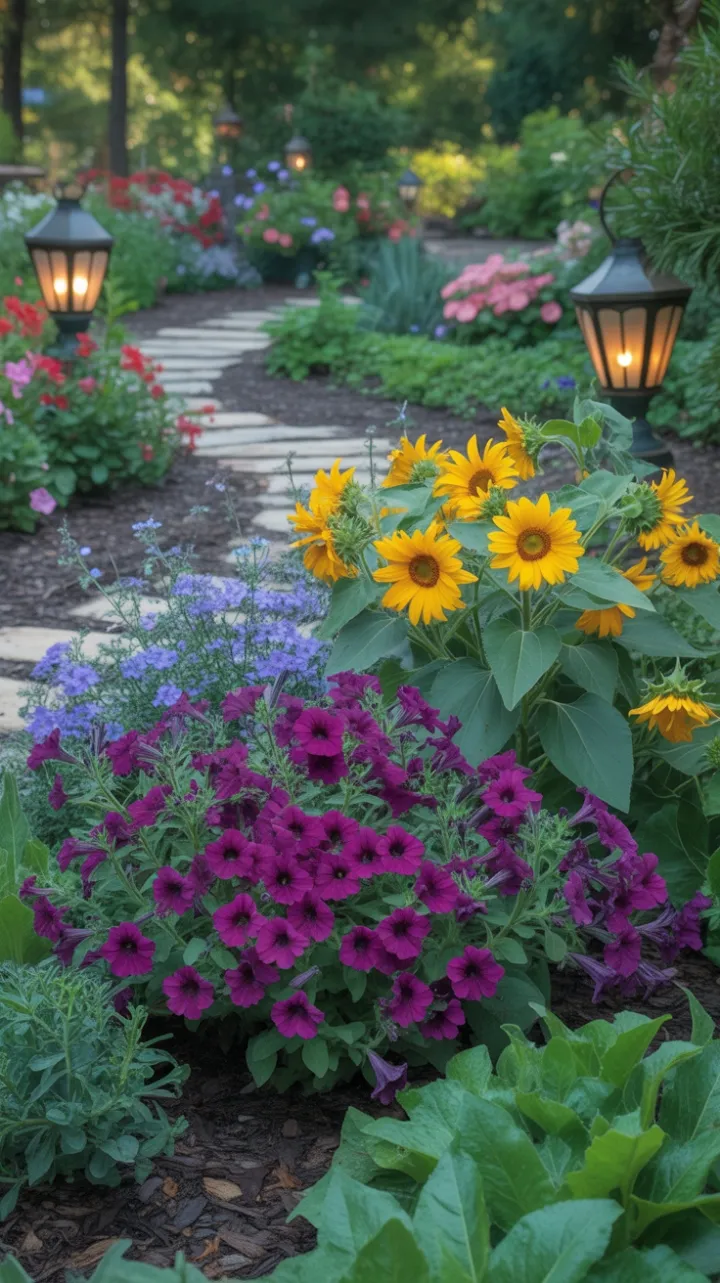 Sunlit Pathway Through a Blooming Garden of Petunias and Sunflowers