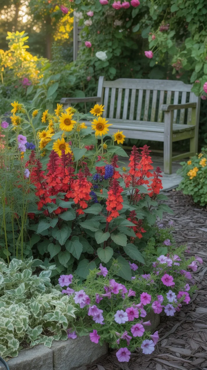 Sunlit Haven of Scarlet Salvia and Golden Sunflowers