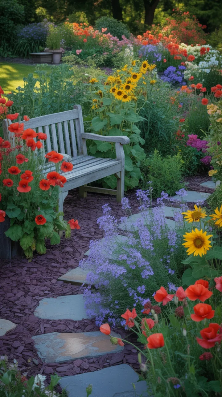 Sunlit Stone Path to a Weathered Bench Amid Blossoms