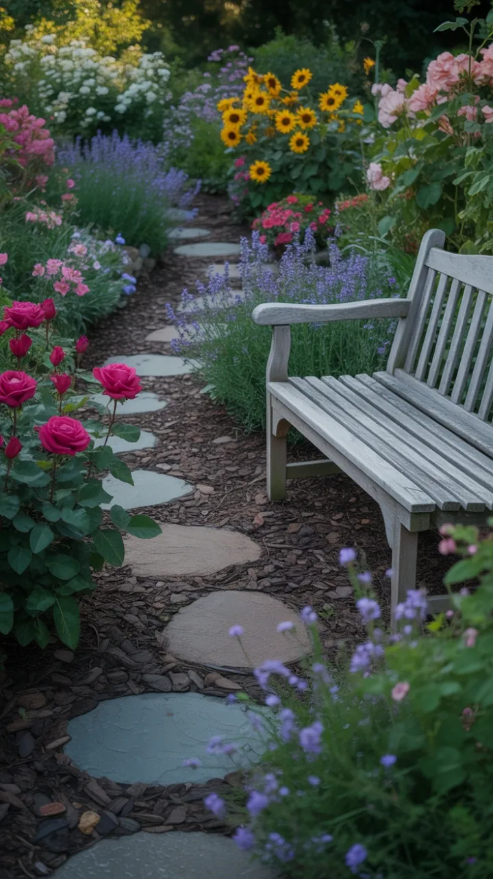 Sunlit Stone Path Through a Riot of Blooms