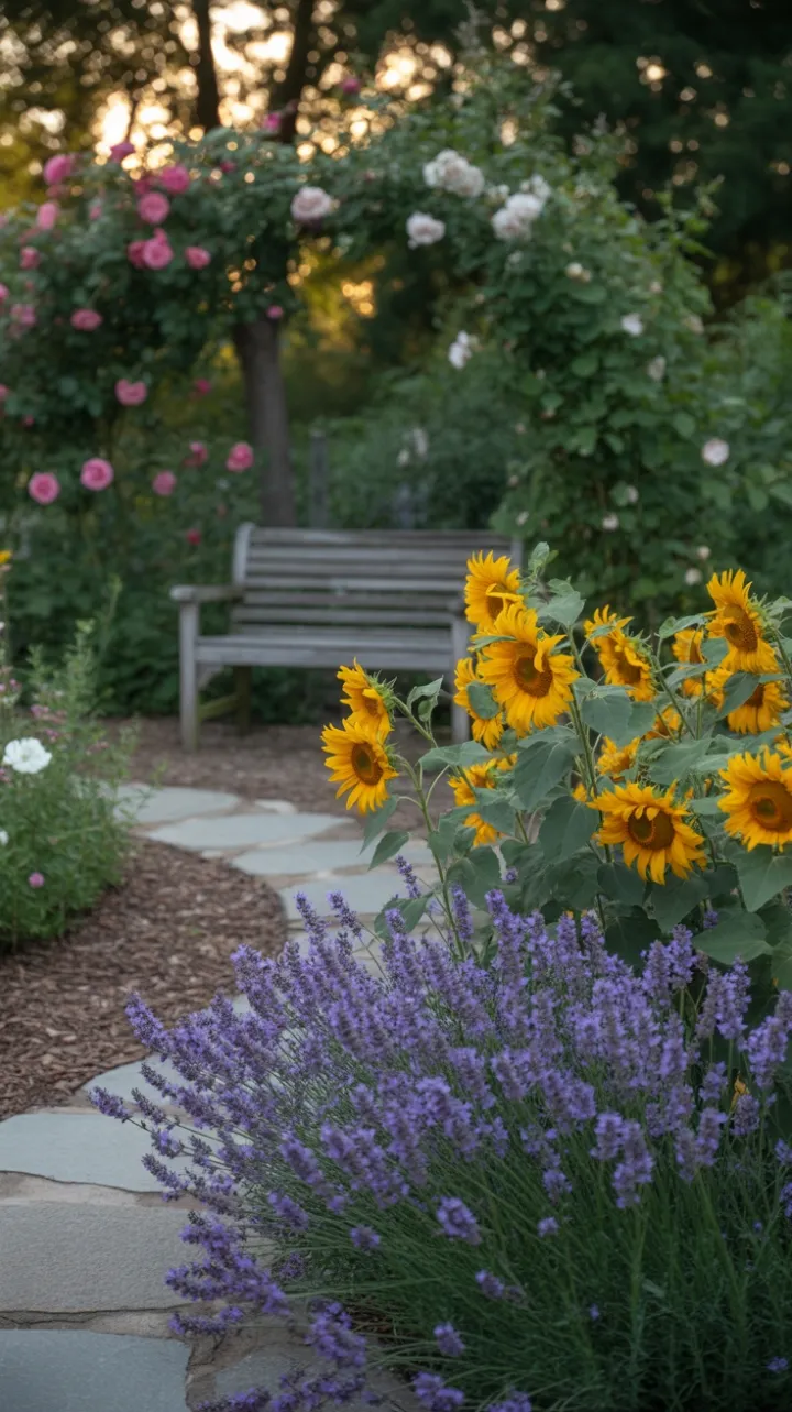 Sunlit Garden Path of Lavender and Sunflowers