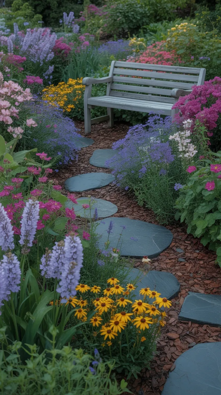 Bench Nestled in a Sunlit Sea of Lavender, Magenta and Gold