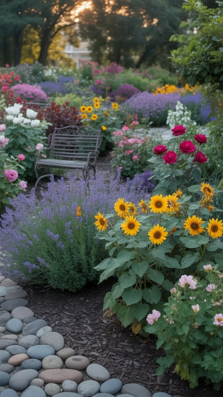 Golden Glow Garden of Lavender Sunflowers and Roses