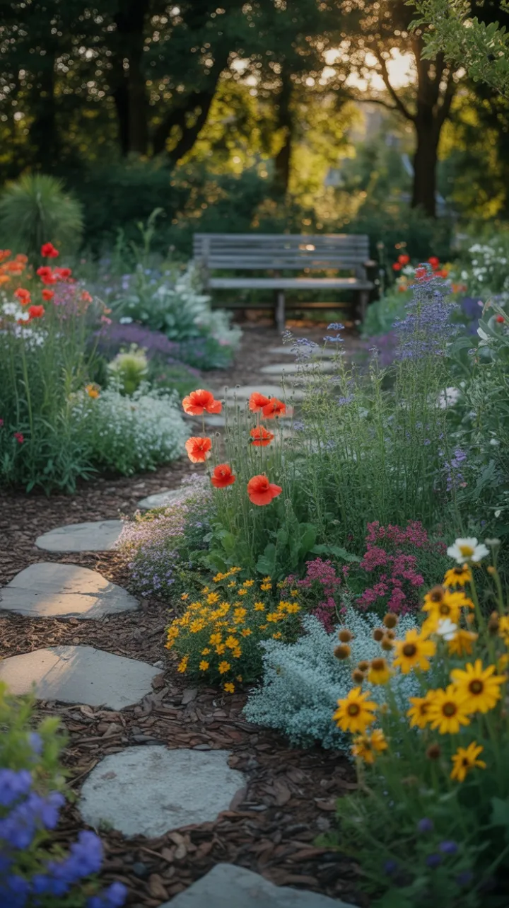 Rustic Bench in a Sunlit Sea of Blooms