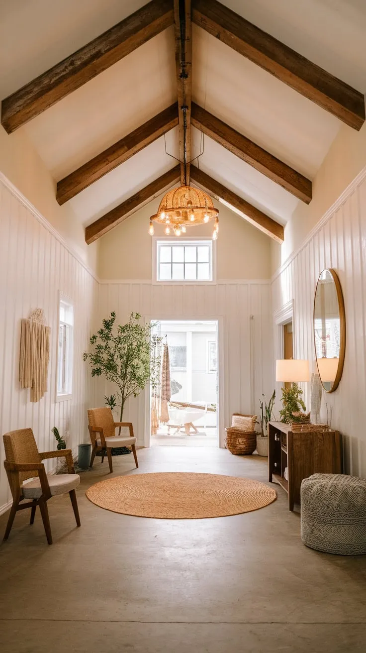High ceilings adorned with faux wood beams create a warm, inviting farmhouse foyer, perfectly complemented by boho-chic furnishings.