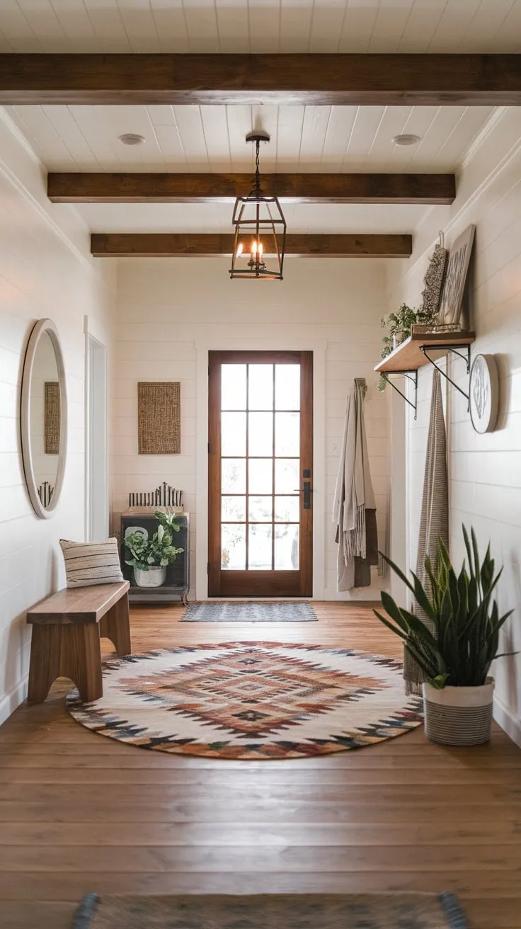 Warm lighting highlights a boho farmhouse foyer's faux wood beam ceiling above a tribal rug and rustic accents