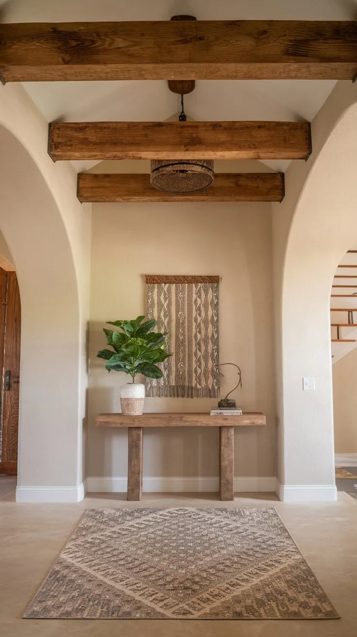 A soft-lit boho farmhouse foyer boasts a faux wood beam ceiling, accented by a console table and patterned rug on a light beige backdrop