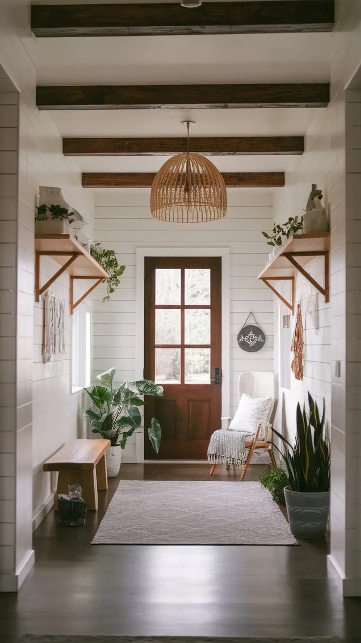 Faux wood beams and a statement lampshade highlight the boho-chic style of a bright farmhouse foyer, complemented by a grey rug and potted plants.