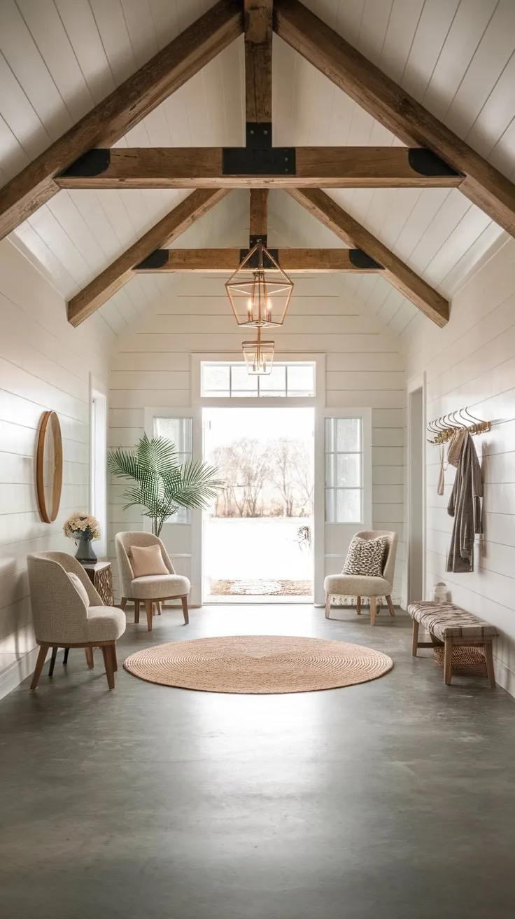 Faux wood beams accentuate the high ceiling of a cozy boho-style farmhouse foyer, complemented by a large rug and inviting furnishings.