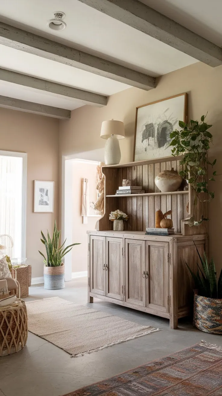 A beige-walled farmhouse foyer boasts faux wood beams, a rustic cabinet, and lush plants creating a warm, boho ambiance.