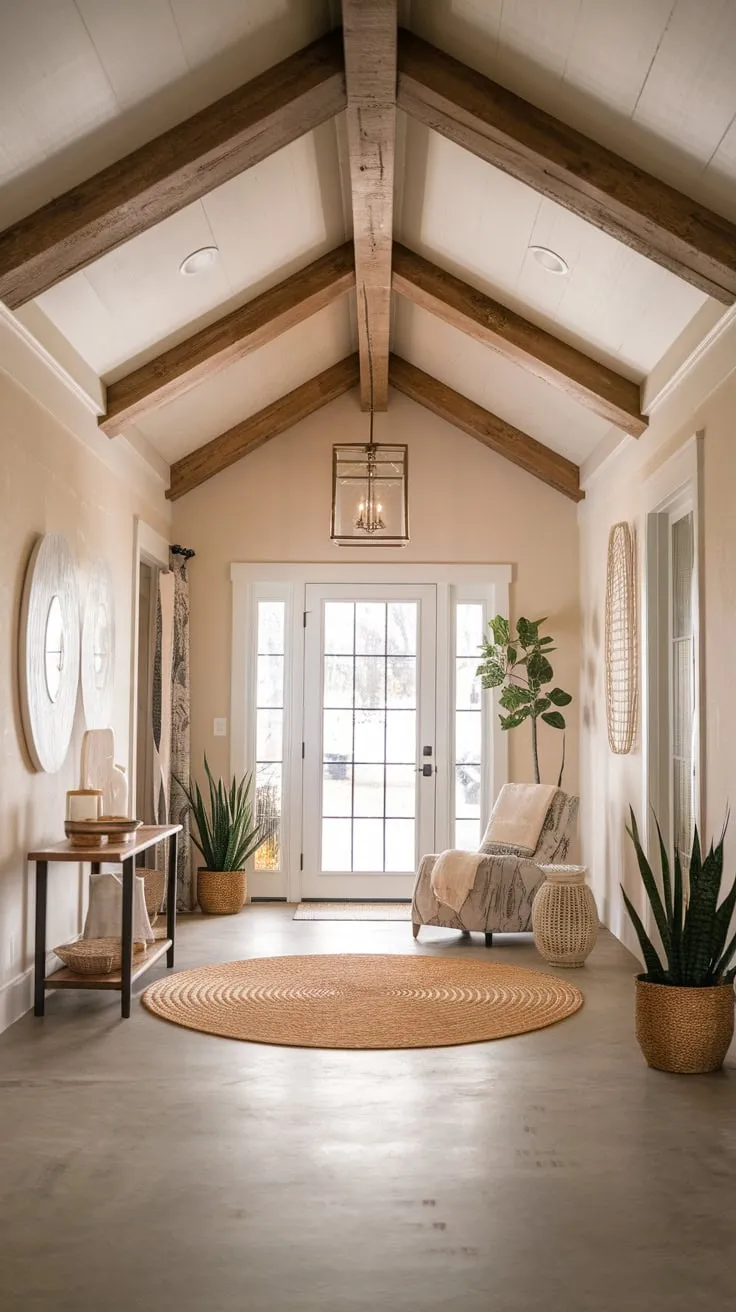 A high-ceilinged farmhouse foyer boasts faux wood beams and boho charm, creating a welcoming entryway.